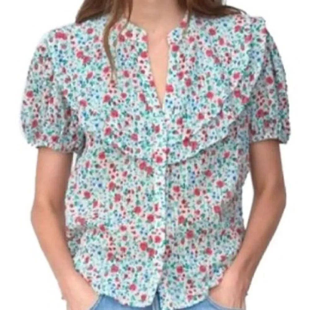 ZARA FLORAL CRINKLE CHIFFON FABRIC RUFFLES ROMANTIC TOP BLOUSE